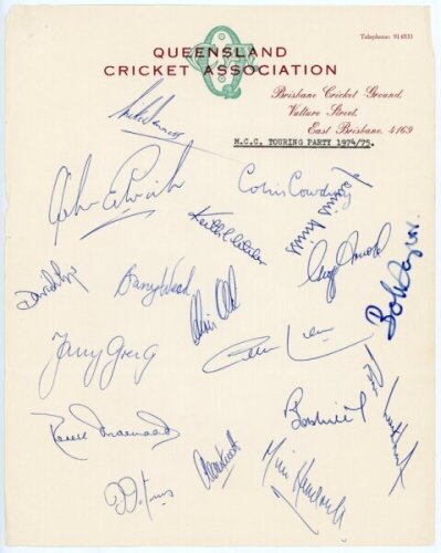 M.C.C. tour to Australia 1974/75. Official autograph sheet on Queensland Cricket Association letterhead, signed by eighteen members of the M.C.C. touring party. Signatures are Denness (Captain), Edrich, Cowdrey, Amiss, Fletcher, Lloyd, Wood, Arnold, Taylo