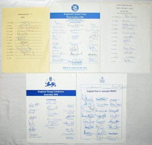 England autograph sheets 1977-2002. Six official autograph sheets of England teams and touring parties. Sheets are England v Australia, Headingley 1977 (12 signatures), England v New Zealand, Lord's 1986 (12), tours to West Indies 1986 (21), and Australia