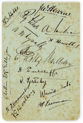M.C.C. tour to Australia 1924/25. Album page very nicely signed in black ink by fourteen members of the M.C.C. touring party. Signatures are Hobbs, J.W. Hearne, Kilner, Sandham, Whysall, Howell, Hendren, Gilligan, Sutcliffe, Tyldesley, Strudwick, Woolley,