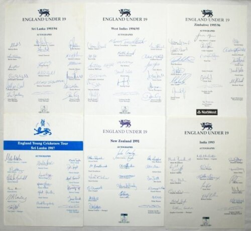 England 'Young Cricketers' and Under-19 tours 1987-1996. Six official autograph sheets for tours to Sri Lanka 1987, New Zealand 1991, India 1993, Sri Lanka 1993/94, West Indies 1994/95, and Zimbabwe 1995/96. Also three official autograph sheets for Under-