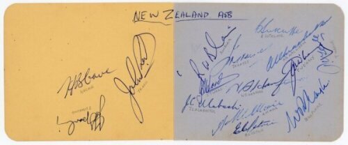 New Zealand tour to England 1958. Two joined album pages nicely signed in ink by fifteen members of the New Zealand touring party. Signatures are Reid (Captain), Cave, Sparling, Blair, Hayes, Ward, Alabaster, Sutcliffe, Harford, Moir, Petrie, MacGibbon, D