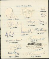 India tour to England 1946. Ruled page with sixteen signatures in ink (two in pencil) of members of the Indian touring party. Each signature on piece laid down. Signatures include Nawab of Pataudi, Hazare, Banerjee, Hindlekar, Nayudu, Mankad, Amarnath, Me