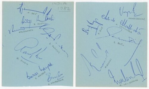 India tours to England 1982 and 1986. Two album pages nicely signed in blue ink by thirteen members of the 1982 Indian touring party, and two album pages signed by nine members of the 1986 tour. Player's names annotated in pencil below each signature. Sig