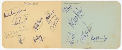 India tour to England 1959. Two joined album pages nicely signed in ink by thirteen members of the India touring party. Signatures are Kripal Singh, Contractor, Tamhane, Baig, Nadkarni, Roy, Gupte, Muddiah, Gaekwad, Joshi, Borde, Apte and Ghorpade. Player