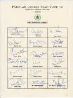 Pakistan tour to New Zealand, Australia & Sri Lanka 1979. Official autograph sheet fully signed by the eighteen members of the Pakistan touring party. Signatures are Mushtaq Mohammad (Captain), Asif Iqbal, Majid Khan, Wasim Bari, Sarfraz Nawaz, Zaheer Abb