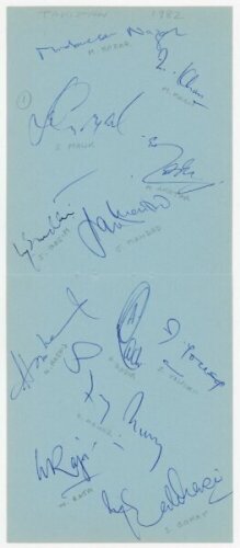 Pakistan tours to England 1982 and 1987. Two joined album pages nicely signed in blue ink by twelve members of the 1982 Pakistan touring party, and two album pages signed by eleven members of the 1987 tour. Player's names annotated in pencil below each si