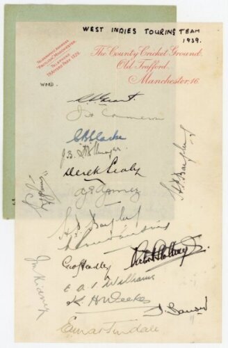 West Indies tour to England 1939. Page on Lancashire C.C.C. letterhead nicely signed in ink by sixteen members of the 1939 West Indies touring party. Signatures are Grant (Captain), Cameron, Clarke, J.B. Stollmeyer, Sealy, Gomez, Bayley (signed twice), Co