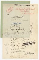 West Indies tour to England 1939. Page on Lancashire C.C.C. letterhead nicely signed in ink by sixteen members of the 1939 West Indies touring party. Signatures are Grant (Captain), Cameron, Clarke, J.B. Stollmeyer, Sealy, Gomez, Bayley (signed twice), Co