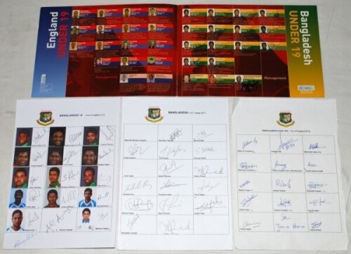 Bangladesh 2013-2019. Official colour printed itinerary/ guide for England U19 v Bangladesh U19 Test and one day international series 2004, signed by sixteen members of the Bangladesh touring party. Sold with three unofficial autograph sheets for the Bang