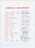International XI Touring Pakistan 1981. Official autograph sheet fully signed by the sixteen members of the touring party. Signatures are Kanhai (Captain), Holding, Bedi, Butcher, Etwaroo, Gould, Hayes, Hemmings, King, Lynch, Mendis, Selvey, Slack, Small,