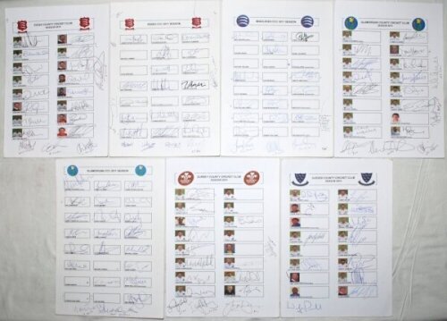 South and south-west county autograph sheets 2010 and 2011. Thirteen unofficial autograph sheets of county teams. Teams are Essex 2010 (20 signatures), 2011 (23), Middlesex 2011 (17), Glamorgan 2010 (17), 2011 (22), Hampshire 2010 (15), 2011 (17), Kent 20