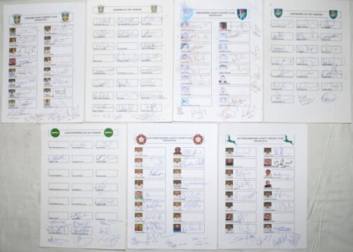 Midlands and northern county autograph sheets 2010 and 2011. Fourteen unofficial autograph sheets of county teams. Teams are Durham 2010 (19), 2011 (23), Lancashire 2010 (18), 2011 (21), Leicestershire 2011 (15), Northamptonshire 2010 (16), Nottinghamshir