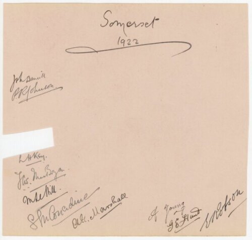 Somerset C.C.C. 1922. Album page nicely signed in ink by ten Somerset players. One further signature has been cut out. Signatures are Daniell (Captain), Johnson, Key, MacBryan, Hill, Considine, A. Marshall, Young, Hunt and Robson. VG - cricket