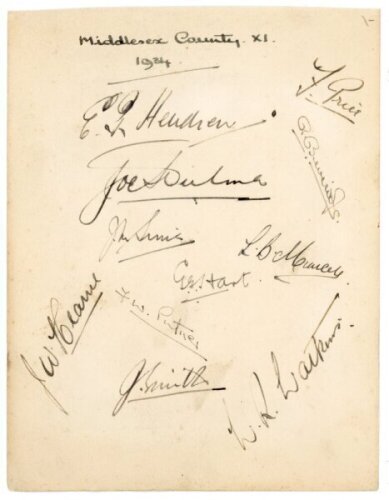 'Middlesex County XI 1934'. Album page nicely signed in black ink by eleven members of the Middlesex team. Signatures are Hendren, Price, Beveridge, Hulme, Sims, Muncer, Hart, Hearne, Smith, Watkins, and the rarer F.W. Putner (11 matches 1933-1934). Signe