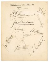 'Middlesex County XI 1934'. Album page nicely signed in black ink by eleven members of the Middlesex team. Signatures are Hendren, Price, Beveridge, Hulme, Sims, Muncer, Hart, Hearne, Smith, Watkins, and the rarer F.W. Putner (11 matches 1933-1934). Signe