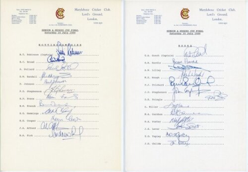 Nottinghamshire v Essex. Benson & Hedges Cup Final 1989. Two official M.C.C. autograph sheets for the Final played at Lord's 15th July 1989, one fully signed by the twelve listed members of the Nottinghamshire team, the other by all thirteen Essex players