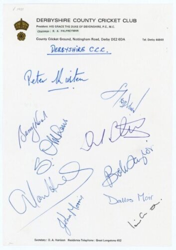 Derbyshire C.C.C. 1981. Page on Derbyshire C.C.C. official letterhead nicely signed in ink by ten members of the 1981 Derbyshire team. Signatures include Barry Wood, Peter Kirsten, Geoff Miller, Stephen Oldham, David Steele, Alan Hill, Bob Taylor, John Mo