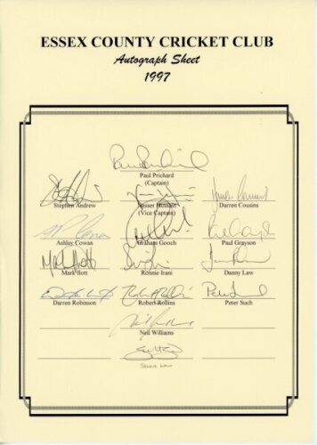 Essex C.C.C. NatWest Trophy winners 1997. Official autograph sheet signed by fifteen Essex players, including the eleven who played in the 1997 NatWest Trophy final. Signatures include Pritchard (Captain), Hussain, Cowan, Grayson, Ilott, Irani, D. Law, S.