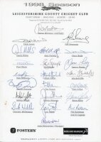 Leicestershire C.C.C. County Champions 1998. Official autograph sheet fully signed by the twenty two listed players and Manager. Signatures include Whitaker (Captain), Lewis, Simmons, Mullally, Wells, Nixon, Maddy, Aftab Habib, Ormond, Mason, Stevens, Kir