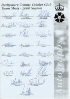 Derbyshire C.C.C. 2000, 2002 and 2003. Three official autograph sheets, each fully signed by the listed players. Sixty eight signatures in totals including Cork, Di Venuto, Munton, Bailey, Bassano, Gunter, Mohammad Ali, Shahid Afridi, Dean, Rawait Khan et