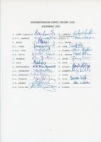 Northamptonshire C.C.C. 1990. Official autograph sheet signed by twenty four of the listed players. Signatures include Lamb (Captain), Larkins, Ambrose, Bailey, Berry, Capel, Cook, Davis, Felton, Fordham, Govan, Loye, Penberthy, Roberts, Walker etc. Lacki