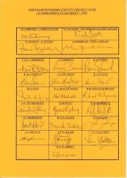 Northamptonshire C.C.C. 1996 and 1997. Two official autograph sheets, both fully signed. Forty six signatures in total including Bailey, Fordham, Ambrose, Brown, Capel, Curran, Loye, Mallender, Penberthy, Ripley, A. Roberts, D. Roberts, Sales, Snape, Swan