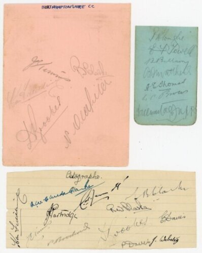 Northamptonshire C.C.C. 1924-1946. Two album pages and one other page scrap of varying sizes comprising signatures in ink and pencil of twenty four Northamptonshire players of the period. Signatures in ink include Jupp, Bellamy, Matthews, Thomas, Childs-C