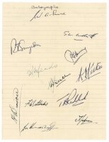 Nottinghamshire C.C.C. 1947. Ruled page nicely signed in ink by twelve members of the 1947 Nottinghamshire team. Signatures are Sime, Simpson, Willatt, Harvey, Meads, Butler, Keeton, Winrow, Stocks, Reddick, Hardstaff and Jepson. Horizontal and vertical f