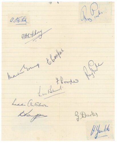 Worcestershire C.C.C. 1947. Ruled page signed in ink (one in pencil) by twelve members of the 1947 Worcestershire team. Three signatures on pieces laid down of White (Captain), Perks and Yarnold. Others are Whiting, Young, E. Cooper, Perks, F. Cooper, Blu
