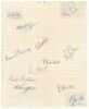 Worcestershire C.C.C. 1947. Ruled page signed in ink (one in pencil) by twelve members of the 1947 Worcestershire team. Three signatures on pieces laid down of White (Captain), Perks and Yarnold. Others are Whiting, Young, E. Cooper, Perks, F. Cooper, Blu