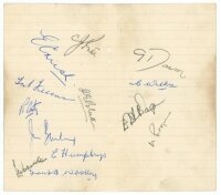 Kent and Hampshire signatures c.1947. Ruled paged comprising thirteen signatures (seven in ink) of Kent players, Eddie Crush, Percy 'Tich' Freeman, 'Punter' Humphreys, and Frank Woolley, and Hampshire players including Desmond Eagar, Jim Bailey, Gilbert D