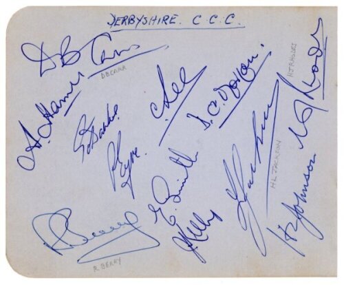 Derbyshire C.C.C. c.1959. Album page nicely signed in ink by twelve members of the Derbyshire team. Signatures are Carr (Captain), Hamer, Dawkes, Eyre, Lee, Berry, E. Smith, Kelly, Morgan, Jackson, Rhodes and Johnson. Also signed to verso by three Glamorg