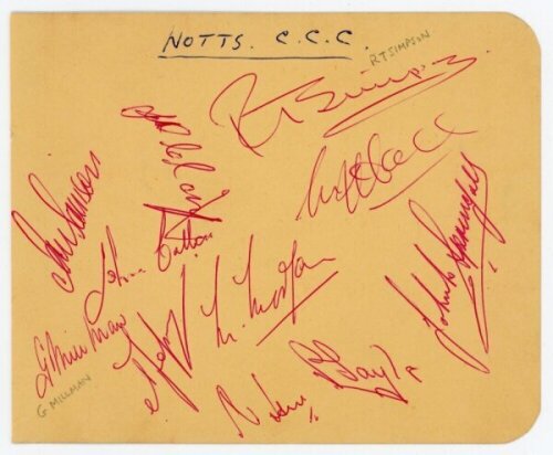 Nottinghamshire and Kent 1959. Album page signed on one side in red ink by eleven Nottinghamshire players. Signatures include Simpson, Davison, Millman, Hill, Jepson, Morgan, Springall etc. Also signed in ink to verso by ten Kent players including Ridgway