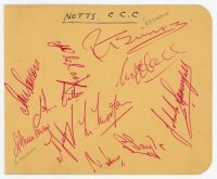 Nottinghamshire and Kent 1959. Album page signed on one side in red ink by eleven Nottinghamshire players. Signatures include Simpson, Davison, Millman, Hill, Jepson, Morgan, Springall etc. Also signed in ink to verso by ten Kent players including Ridgway