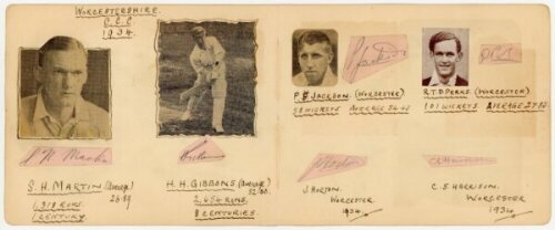 Worcestershire, Gloucestershire and Surrey 1930s-1960s. A selection of album pages comprising signatures in ink and pencil of County players, some signed to the pages, others on pieces laid down. The majority of pages signed back to back. Signatures inclu