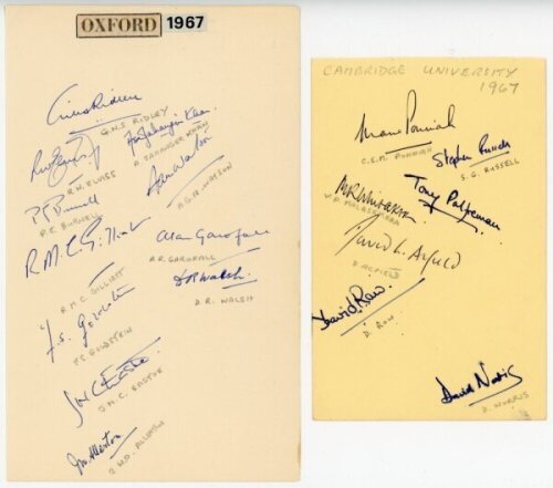 Oxford and Cambridge University 1967. Two nicely signed album pages, one signed by eleven members of the Oxford University team including Ridley, Jahangir Khan, Burnell, Watson, Garofall, Gilliatt, Walsh etc. The other signed by seven of the Cambridge Uni