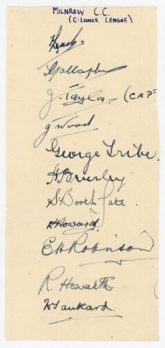 'Milnrow C.C. (C. Lancs League)' 1946. Album page fragment very nicely signed in ink by eleven players. Notable signatures include George Tribe (Australia), R. Howarth, E. Robinson, J. Taylor etc. Light fold, otherwise in very good condition - cricket