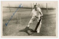 Herbert Sutcliffe. Yorkshire & England 1919-1945. Mono real photograph postcard of Sutcliffe in batting pose in the nets nicely signed in blue ink to the photograph. Publisher unknown. Postally unused. G/VG - cricket