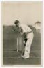 Leonard 'Len' Hutton. Yorkshire & England 1934-1955. Mono real photograph postcard by Walkers Studios of Hutton, full length in batting pose at Scarborough. Nicely signed in blue ink to the image by Hutton. Postally unused. G/VG - cricket