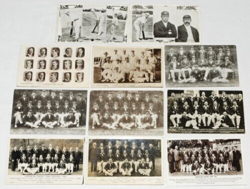 Australia team postcards 1905-1956. Nine original mono postcards, the majority real photographs, of Australian touring teams to England. Teams are 1905, players depicted in cameo (Philco), 1921 (Philip G. Hunt), 1921, 1926 (two copies), 1930 (all Bolland)