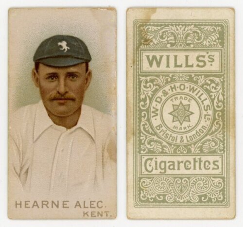 Wills's Cigarettes 'Cricketers'. W.D. & H.O. Wills, Bristol & London, 1896. Individual card from the series of fifty, of Alec Hearne, Kent. Minor staining, otherwise in good/ very good condition - cricket