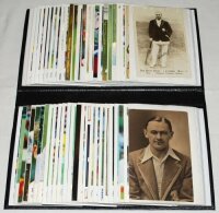 Cricket collectors' and post cards. Album comprising an eclectic selection of one hundred postcards and collectors' cards. Two earlier real photograph postcards include Jack Hobbs, Don Photo Series, Gubby Allen, publisher unknown. Collectors' series inclu