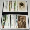 Cricket collectors' and post cards. Album comprising an eclectic selection of one hundred postcards and collectors' cards. Two earlier real photograph postcards include Jack Hobbs, Don Photo Series, Gubby Allen, publisher unknown. Collectors' series inclu