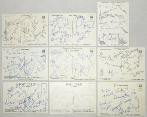 County and touring teams 1995. Nine colour postcards, all with one exception views of grounds, each nicely signed in ink to verso by County and touring teams. Teams are West Indies at Scarborough (11 signatures including Lara, Walsh, Gibson, Drakes). Coun