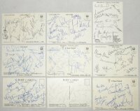 County and touring teams 1995. Nine colour postcards, all with one exception views of grounds, each nicely signed in ink to verso by County and touring teams. Teams are West Indies at Scarborough (11 signatures including Lara, Walsh, Gibson, Drakes). Coun