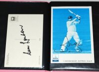 Australian signed postcards. Album comprising twenty four modern postcards and collectors' cards of players, grounds, photographs etc., each signed by an Australian Test cricketer. Signatures include Jeff Noblet, Sam Loxton, Steve Waugh, Brett Lee, Brendo