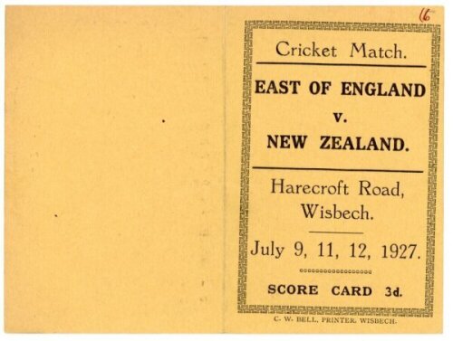 New Zealand inaugural tour to England 1927. One original official scorecard and one programme covering the 1927 tour. The scorecard, with incomplete printed scores, is for the match played v East of England at Wisbech 9th-12th July (New Zealand won by eig
