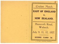 New Zealand inaugural tour to England 1927. One original official scorecard and one programme covering the 1927 tour. The scorecard, with incomplete printed scores, is for the match played v East of England at Wisbech 9th-12th July (New Zealand won by eig