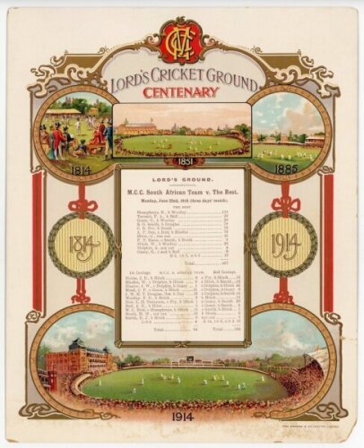 'Lord's Centenary 1814-1914'. Large original commemorative printed scorecard for the Centenary in 1914. The scorecard is headed 'Lord's Cricket Ground Centenary 1814-1914. M.C.C. South African Team v The Rest. June 22nd 1914'. With colour decorative borde