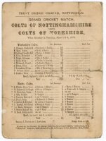 'Colts of Nottinghamshire versus Colts of Yorkshire' 1876. Early original scorecard for the match played at Trent Bridge, 5th-6th June 1876. The card with fully printed scores with Yorkshire Colts winnings by an innings and 28 runs. Yorkshire scored 220 i